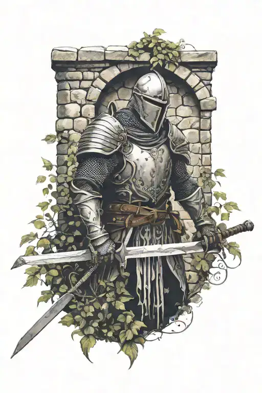 dead knight against a medieval cobblestone wall with creeping vines growing over him and his abandoned sword  tattoo design idea