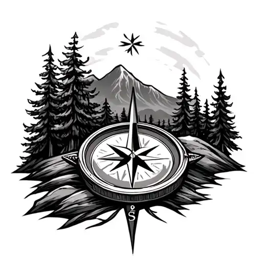 hills and pinetrees with a compass behind it tattoo design idea