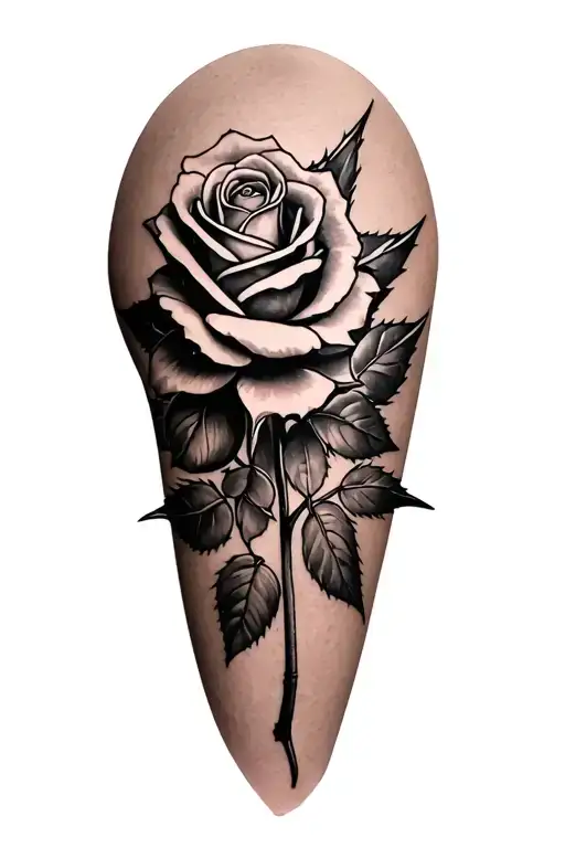 Make a tattoo on the knee where the roses with spikes go from the foot of the reassignment on the lower leg and end with a rose flower tattoo design idea