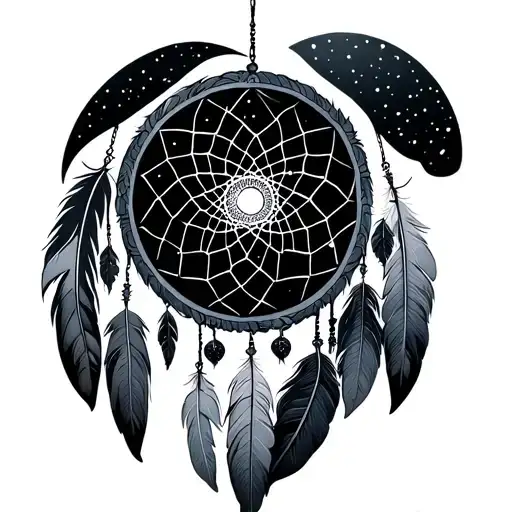 dream catcher with space theme in hanging feathers tattoo design idea