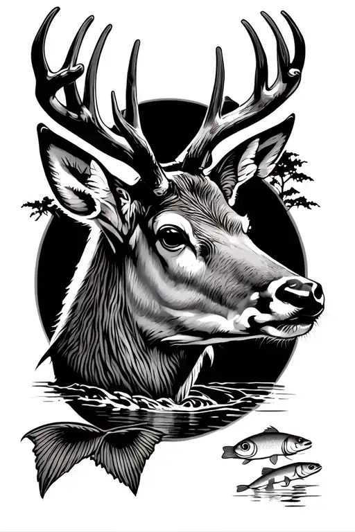 white tail deer, catfish, stream running tattoo design idea