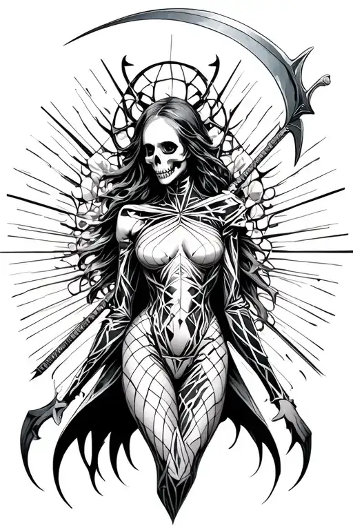Death with a scythe in an erotic suit with large breasts in tattoo design idea