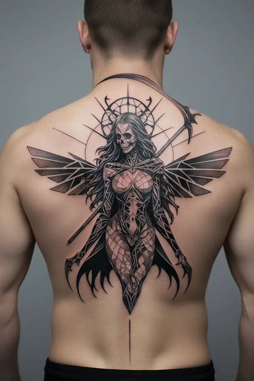 Death with a scythe in an erotic suit with large breasts in tattoo design idea