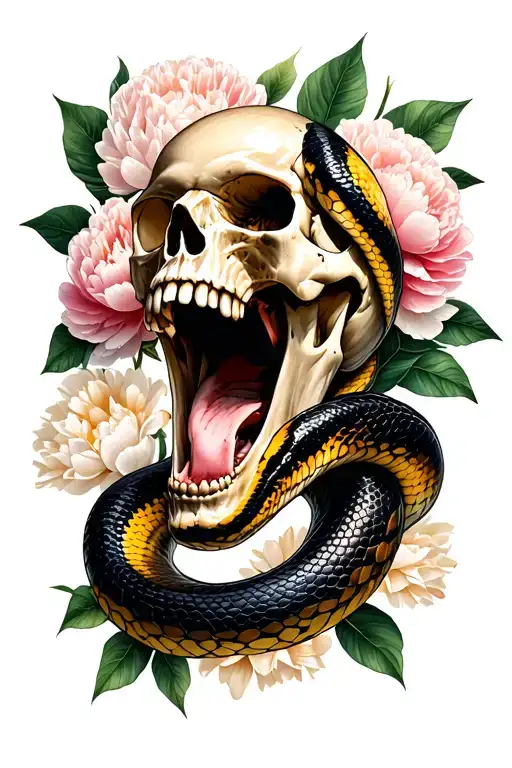 screaming skull, large python snake wraps the skull, in the background leaves and flowers of peonies.  tattoo design idea