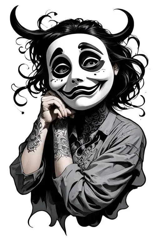 Sad emotion wearing happy mask holding tattoo design idea