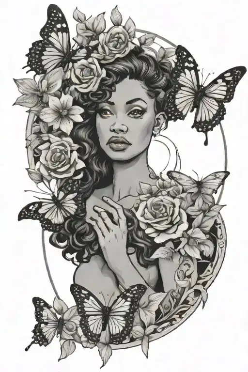 strength tarot card black woman butterflies flowers tattoo design idea