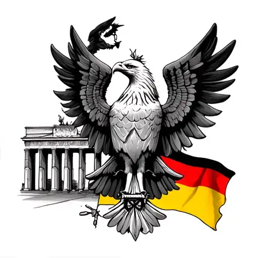 Federal eagle in front of the Brandenburg gate and Germany flag. Unity and justice and freedom. Fallen soldiers tattoo design idea