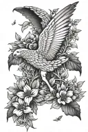 Icarus falling from a botanical garden with wilting petals tattoo design idea