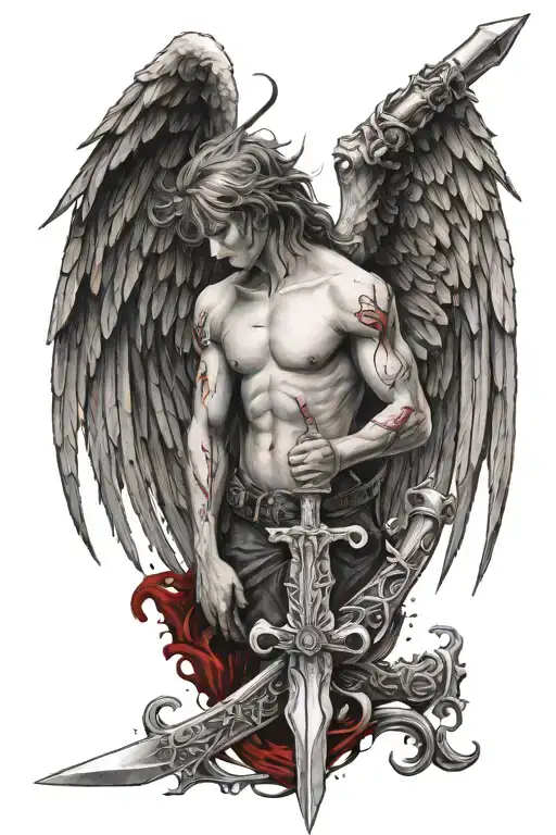 spine tattoo of angel with bloody wings bearing a sword  tattoo design idea