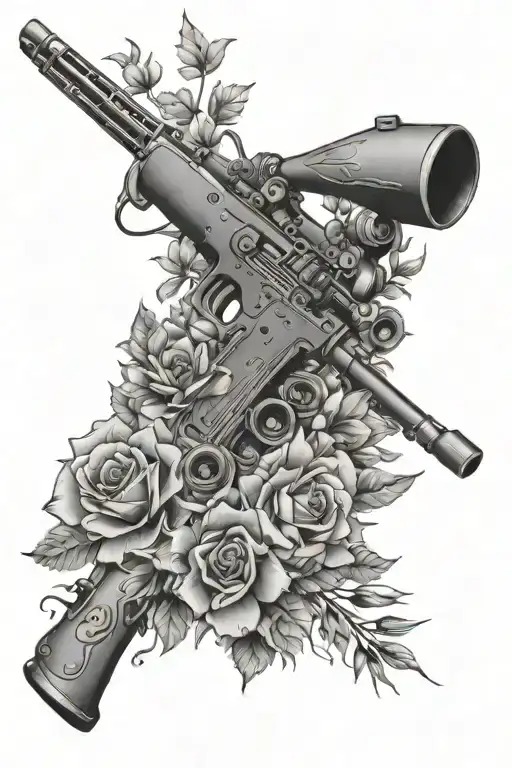30-6 hunting rifle surrounded with flowers and fishing lures  tattoo design idea