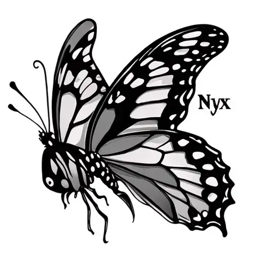 butterfly and the word 'Nyx' tattoo design idea