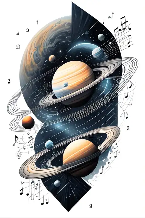 A geometric design incorporating elements of engineering and music notes in a solar system and make it greyscale tattoo design idea