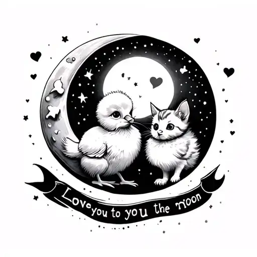 chick and kitten love you to the moon tattoo design idea
