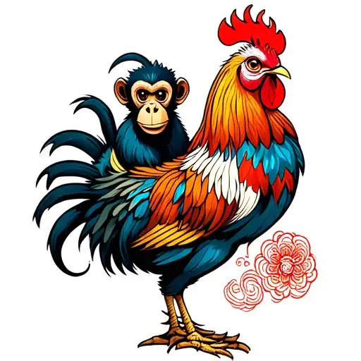 A Chinese monkey on the back of a rooster tattoo design idea