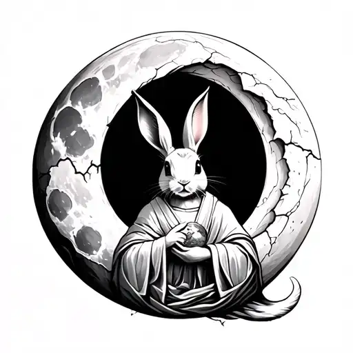 A lunar crescent, shining and slightly cracked. A lunar rabbit in divine robes holds it at the very tip, like a cradle. tattoo design idea