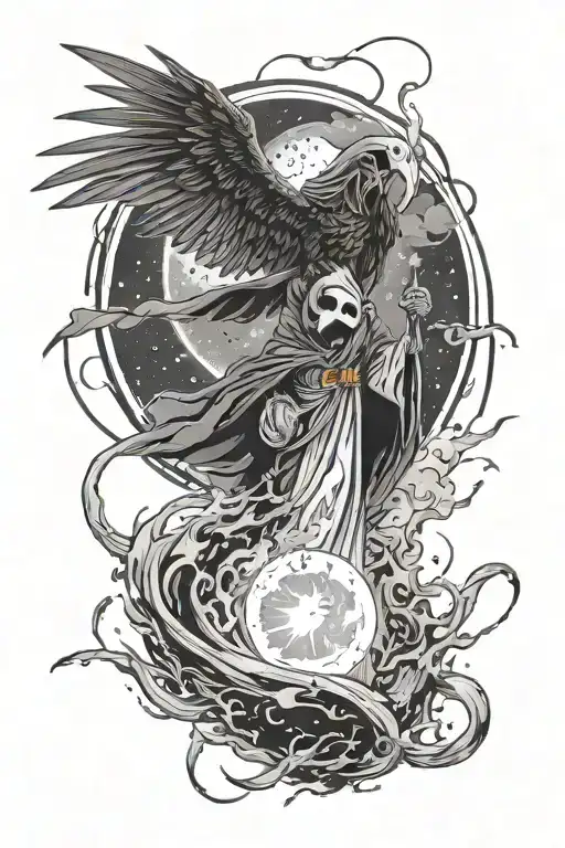 grim reaper and a phoenix both rising from a black hole containing the galaxy tattoo design idea