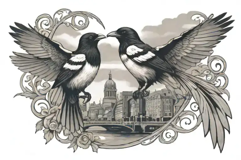 two magpies, newcastle tyne bridge, newcastle angel of the north, 1111 number, musical notes tattoo design idea