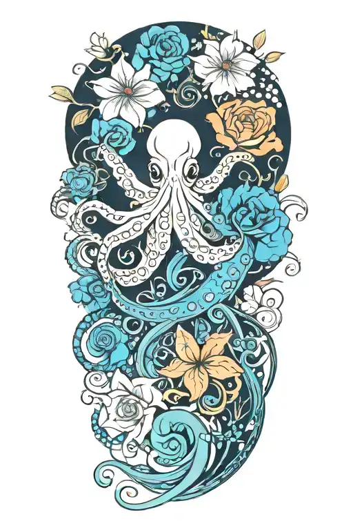 octopus, snowdrop, rose,  marigold flower tattoo design idea