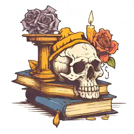 Skull with flower next to melted candle on top of haphazard stack of books tattoo design idea