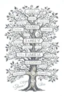 family tree branches with names written Bebo, Jon Jon, Sarucha, Dida, Pooky, Moonkey, Tamalito, Cano tattoo design idea