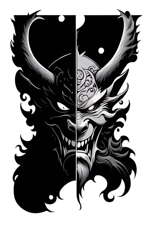 japanese oni mask split in half demon face tattoo design idea