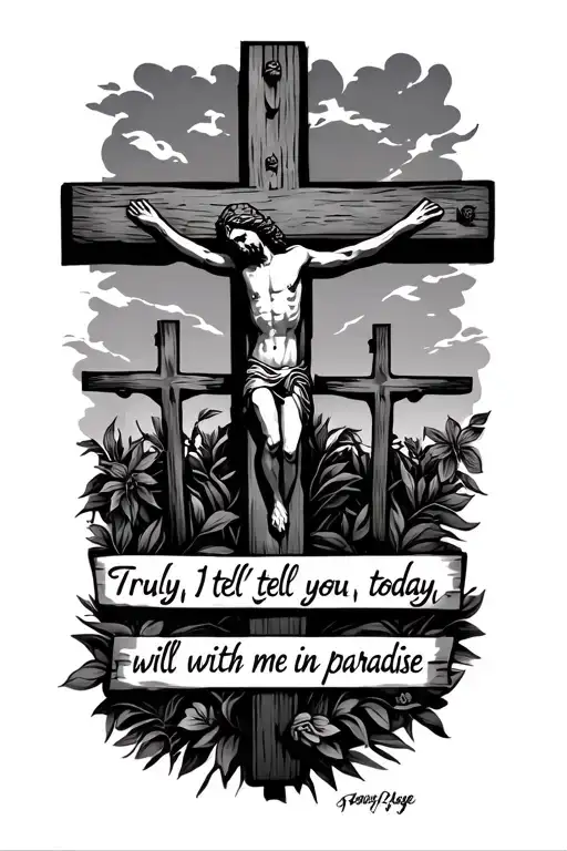 the words "Truly I tell you, today you will be with me in paradise" under three crosses (crucifixion of Jesus) tattoo design idea