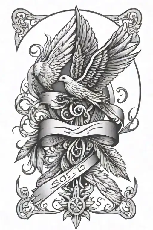 tribal cancer, ribbon with feathers and doves tattoo design idea