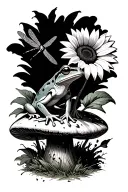treefrog sitting on a mushroom with a sunflower and dragonfly tattoo design idea