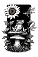 treefrog sitting on a mushroom with a sunflower and dragonfly tattoo design idea