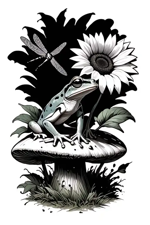 treefrog sitting on a mushroom with a sunflower and dragonfly tattoo design idea
