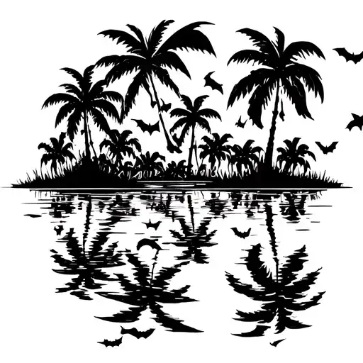 Miami palm trees reflected in water with bats hanging upside down from the branches tattoo design idea