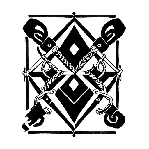 A geometric design incorporating BDSM symbols like handcuffs and whips in a minimalist style tattoo design idea