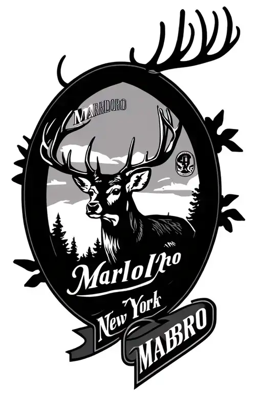 oval logo with a white tail deer and the town name Marlboro New York  tattoo design idea