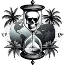 hourglass with skeleton head inside, compass on the background of the world map and palm trees above the compass tattoo design idea