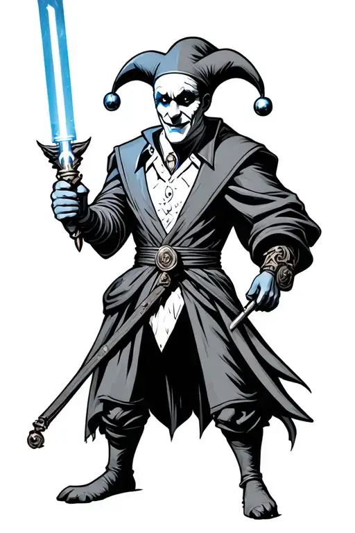 court Jester with a rubber chicken holding lightsaber tattoo design idea