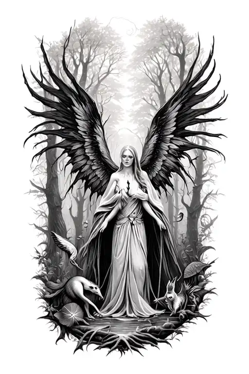 A hauntingly beautiful tattoo depicting a broken spirit finding solace in a mystical forest filled with magical creatures and elements tattoo design idea