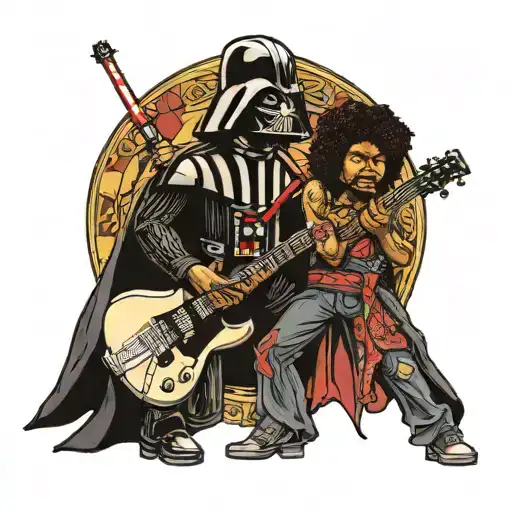 darth vader holds guitar and jimi hendrix holds a light saber tattoo design idea