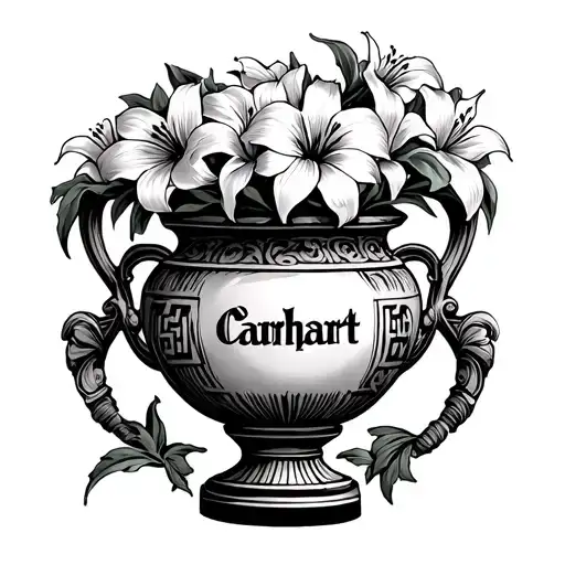 Old Schoolnoir and White tattoo representing an anthic Greek vase with Carhartt logo patterns and filled with lilies tattoo design idea