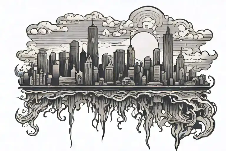 burnt city skyline in the background tattoo design idea