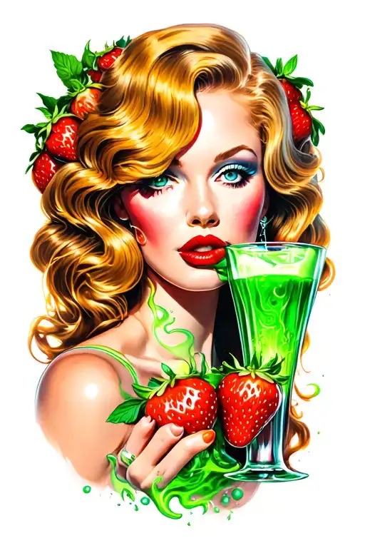 Strawberry blonde Pin Up Girl drinking green plasma tattoo design idea