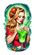 Strawberry blonde Pin Up Girl drinking green plasma tattoo design idea