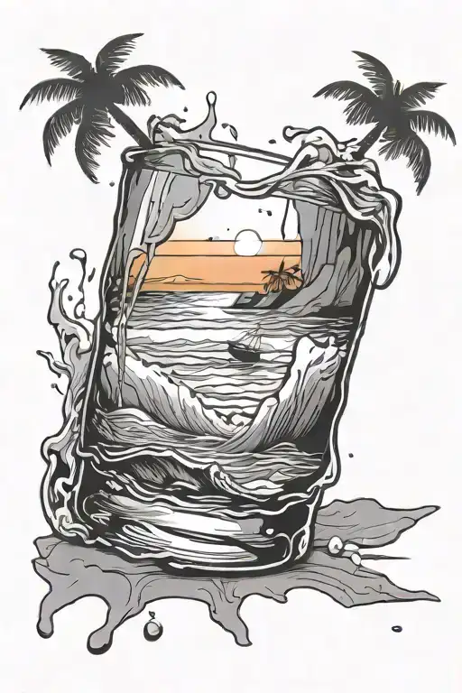 Broken tipped over whiskey glass with liquid turning in to beach with sunset tattoo design idea