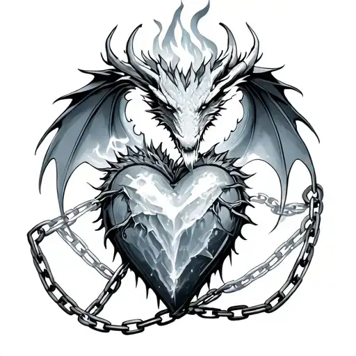 frozen heart bound by chains guarded by a dragon breathing fire tattoo design idea