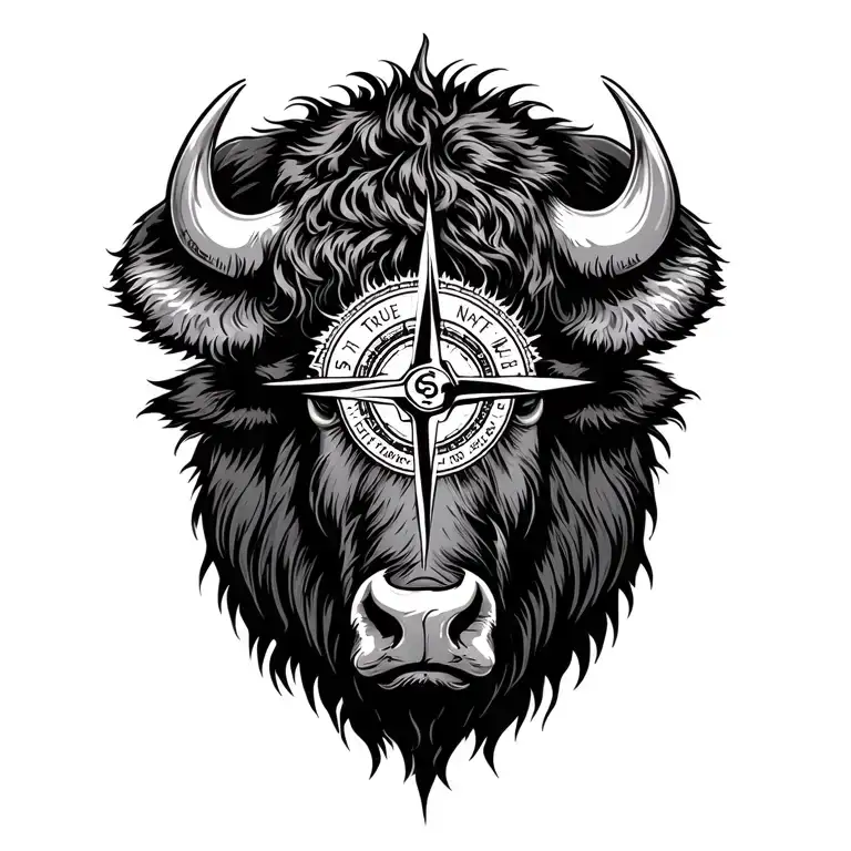 male buffalo head with true north compass rose tattoo design idea