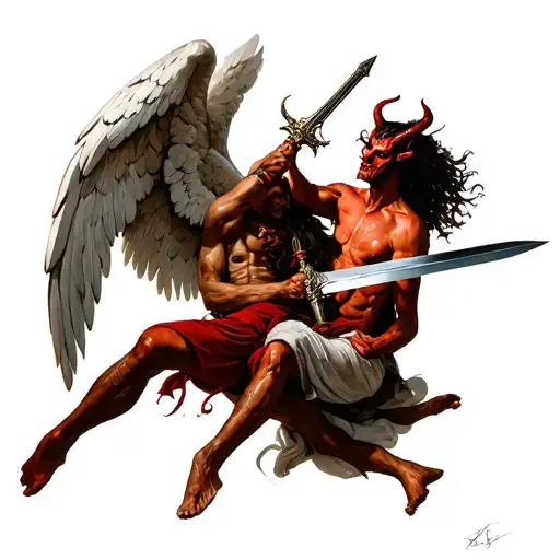 An angel executing a devil with a sword. tattoo design idea