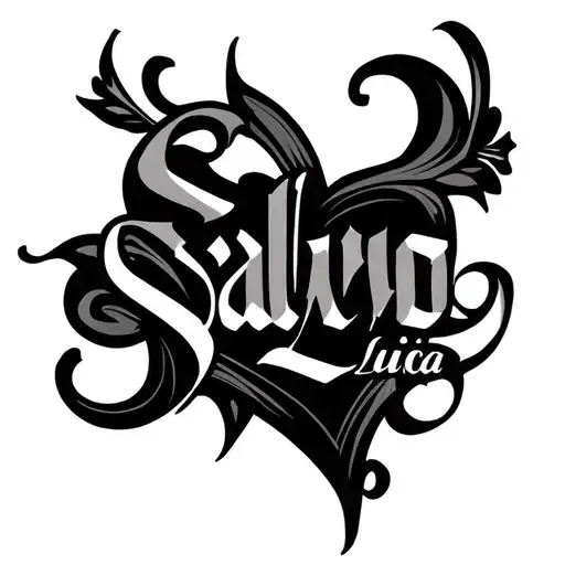 "Salvo Lucia" heart shape name written tattoo design idea