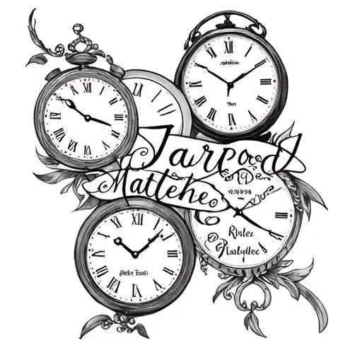 "Jarrod Matthew Chloe Rylee " 4 clocks with dates and initials engraved somewhere tattoo design idea