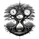tree of life with an hourglass, clock, and compass tattoo design idea