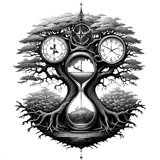 tree of life with an hourglass, clock, and compass tattoo design idea