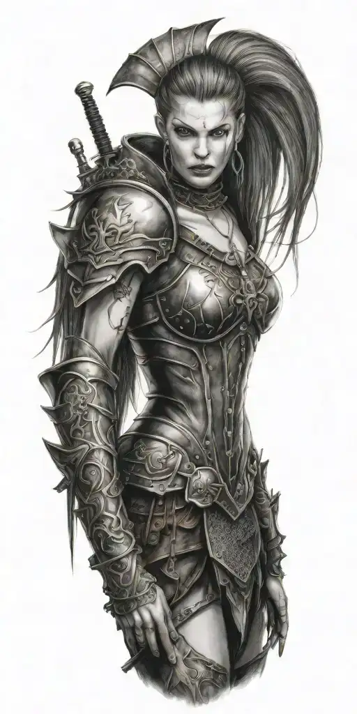 Create a tattoo design of a female vampire warrior adorned with Viking armor and weapons, showcasing a unique fusion of two powerful themes tattoo design idea